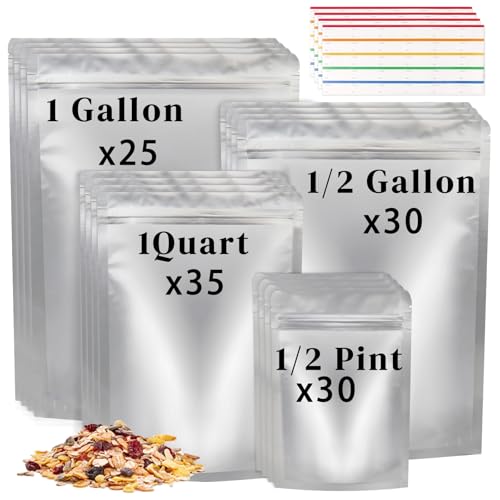 120 Pcs Mylar Bags for Food Storage, 4 Sizes (1 Gallon, 1/2 Gallon, 1 Quart, 1/2 Pint), Stand-Up Zipper Resealable & Heat Sealable for Long Term Food Storage Bags & 120 Pcs Labels