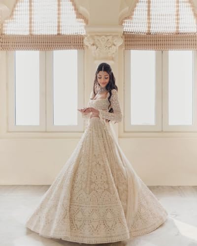 Image of Fashion Basket Embroidered Sequin Butterfly Net Babydoll Bridal Lehenga Set, White