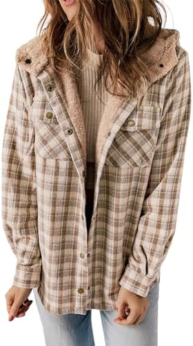 Dokotoo Shacket Jacket Women Fashion Winter Clothing for Women Plaid Oversized Hooded Long Sleeve Flannel Shirts Button Up Sherpa Coats Pocketed Casual Fall 2025 Thick Fleece Lined Outerwear Khaki L