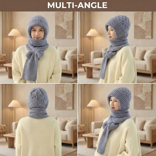 Image of Kraptick Women's Winter Cap and Scarf Set - Thick Fleece Lined Knitted Beanie Hat and Neck Warmer Muffler for Ladies, Soft & Stretchable Woolen Snow Proof for Extreme Cold -4