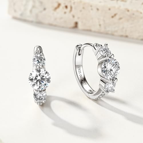 3 Stone/Solitaire Moissanite Hoop Earrings, 925 Sterling Silver Hypoallergenic Huggie Earrings for Women, D Color VVS1 Lab Created Imitation Diamond Round Cut Jewelry Gifts3
