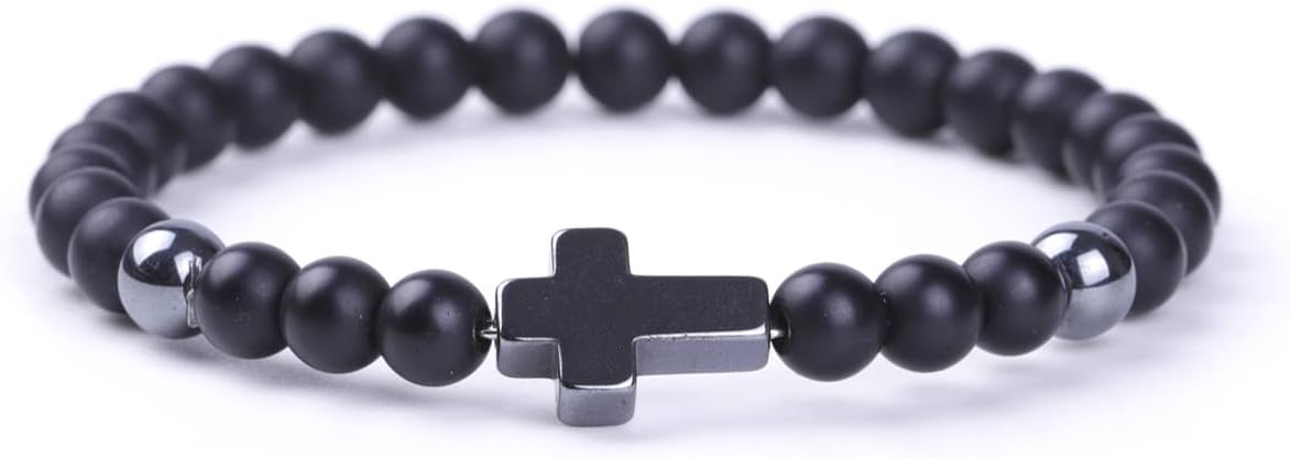 Softones 6mm Cross Beaded Bracelet for Women Natural Stone Stretch Link Prayer Bracelet for Women,7.1"