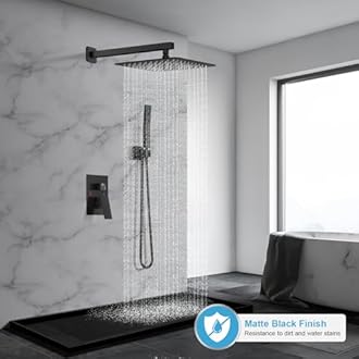 Black Shower System, Shower Faucet Set Bathroom Square Rain Shower Head and Handle Set, Wall Mounted Shower Fixtures With Shower Valve and Trim Kit 10 inch Matte Black