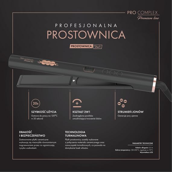 Prostownica z jonizacją Fale Loki Koki Pro Complex Premium Line 2w1 do modelowania włosów z powłoką turmalinową, szybkie nagrzewanie, długi obrotowy kabel
