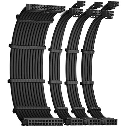 Okinos 16AWG PSU Cable Extension, Soft Braided Cable Extension PC, 1x24Pin ATX / 1x8Pin(4+4) EPS / 2x8Pin(6+2) PCI-e PSU Extension Cable Kit, 30cm with Combs, Black Cover