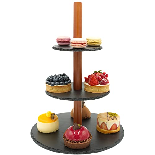 MAKANI® Etagere Schiefer rund [3-stöckig] mit robustem Holzstamm und...