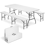 SAVWAY 6 Feet Picnic Table Set with 2 Benches, 6ft Folding Camping Table Chair Set for Indoor Outdoor Use, 3-Piece 6 ft Portable Folding Furniture with Handles, White