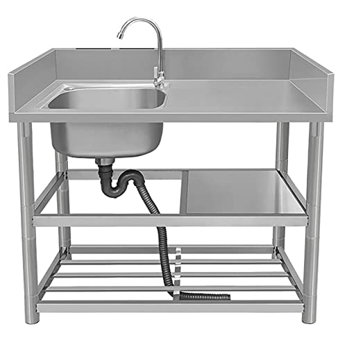 CSXSXAUO Fregadero de Cocina Comercial de Acero Inoxidable de un Solo Seno con encimera y Dos estantes de Almacenamiento - Grifo Independiente para baño, Restaurante o casa de Campo.