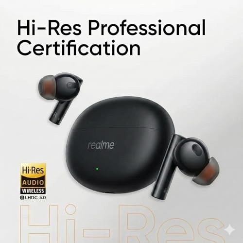 Image of Real Me Air 6 Buds - 50dB Active Noise Cancellation, Hi-Res LHDC Audio, 12.4mm Dynamic Bass Driver, 6 Mic Clear Voice Calls, 51,IP55 Waterproof,TWS for Apple & Android (Black)