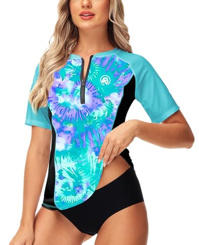 Image of AOBUTE Women Zip Rash Guard UPF 50+ Gradient Short Sleeve Swim Top Surf Shirts