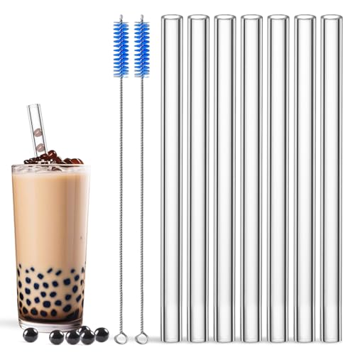 Borosilicate Glass Boba Straws Reusable, long 10 Inch 14mm Extra Wide Glass Straws Shatter Resistant Clear Jumbo for Drinking Bubble Tea, Milkshakes and Smoothies, BPA Free & Eco Friendly
