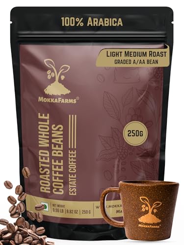 Image of MokkaFarms Premium Roasted Coffee Beans 250g | 100% Arabica | Light-Medium Roast | Fresh Estate Coffee | Graded A /AA Whole Beans | Strong Flavor & Aroma | Farm to Fork Quality | Resealable Zip Lock Bag