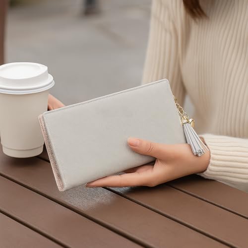 Women's Long Wallet with Zipper - Stylish Cross Texture Leather Purse with Tassel, Multi-Card Holder & Coin Pocket (Gray)4