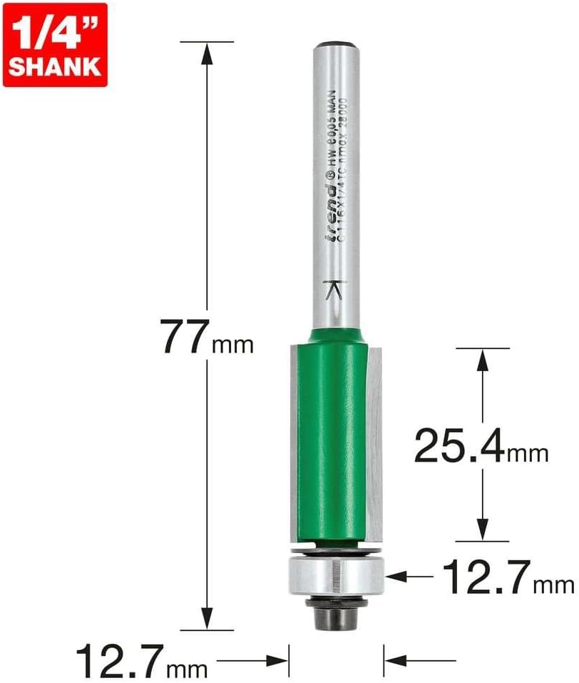Trend CraftPro Self-Guided Trimmer Cutter Router Bit, 1/4 Inch Shank, 1/2 Inch Cut Diameter & 1 Inch Cut Length, Tungsten Carbide Tipped, C116X1/4TC