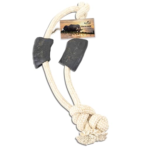 PetYupp Eco-Friendly Cotton Dog Rope Toy with Water Buffalo Horns for Small Dogs & Puppies, 32 Inches - Tug of war Dog Toy, Promotes Dental Health & Chewing Exercise for Teething Puppies