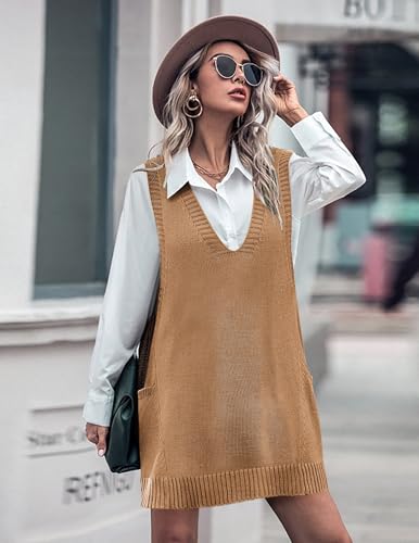 Image of HOTOUCH Women Sweater Vest Oversized V Neck Sleeveless Knit Pullover Ribbed Vest Dress with Pockets