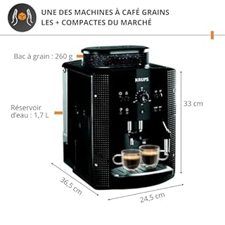 Krups Machine à café grain, machine expresso, 2 tasses en simultané, Nettoyage automatique, Buse vapeur pour Cappuccino, Cafetière espresso, Essential noire YY8125FD, Noir