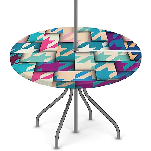 XMNYGJ Classic Hounds-Tooth Pattern Geometric Collage Round Fitted Tablecloth with Umbrella Hole Zipper for Patio Picnic Tables Elastic Outdoor Table Cover Waterproof and Stain Resistant 45-56 Inch