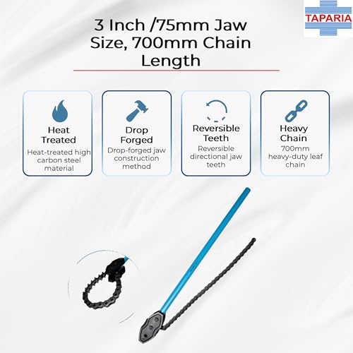 Image of TAPARIA CPW 03 Chain Pipe Wrench (3 Inch /75mm Jaw Size, 700mm Chain Length)-Drop Forged High Carbon Steel Jaws for Heavy Duty Applications-For Plumbing, HVAC, Workshop, Industrial Pipe Fitting Work