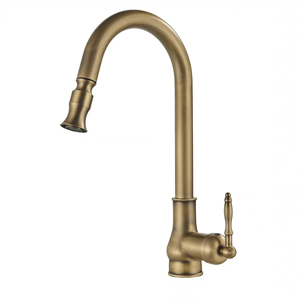 ZBBDFAZD Antique Brass Kitchen Faucet - High Arc Pull Down Sink Mixer Tap with 360° Swivel Pull Out Spray Single Lever for Commercial Use 1 Hole Installation