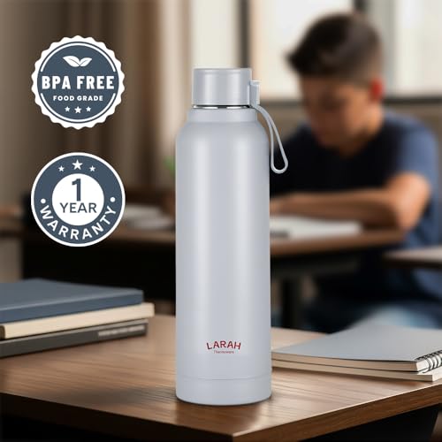 Image of Larah by Borosil 700 ml Orbit Grey Stainless Steel Water Bottle | Made in India Pu Insulated Thermoware | Leakproof, BPA Free| Bottle for Office, School, College & Gym, Daily Use | 1 Year Warranty