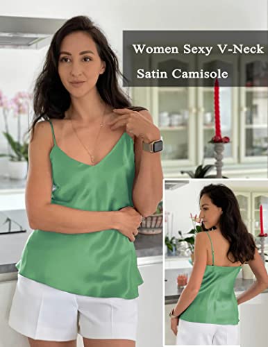 Ekouaer Women's Casual Silk Satin Tank Top Sexy Plain Cami V Neck Spaghetti Strap Vest Top #TOP3