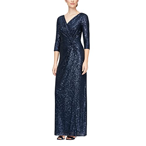 Image of Alex Evenings Womens Long 3 /4 Sleeve Formal Event Dress with Cinched Tie Waist (Petite and Regular Sizes)