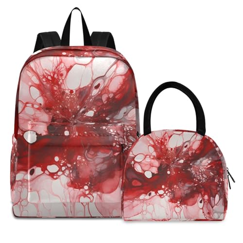 Red Fluid Print Backpack Set with Lunch Bag, Large Capacity Travel Backpacks and Lunch Box Insulated for Commute Hiking Picnic