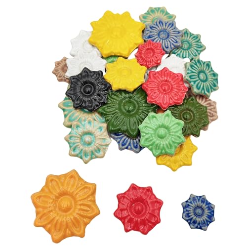 500 g zufällige Keramik-Mosaikfliesen für Bastelarbeiten, 3 Größen, Mosaikstücke für Teller, Blumentöpfe, Heim- und Outdoor-Dekoration (Bunt, Blumen)