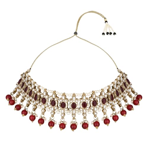 Image of I Jewels Gold Plated Traditional Kundan Pearl Drop Choker Necklace Jewellery With Earrings & Maang Tikka Set For Women /Girls