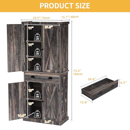 DWVO 72'' Farmhouse Kitchen Pantry, Rustic Wood Kitchen Storage Cabinets with Adjustable Shelves & Drawer, Tall Freestanding Cupboard for Dining Room, Living Room, Dark Gray