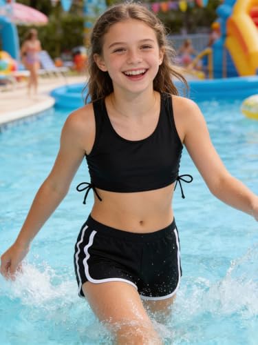 Image of Girl's 3 Piece Bikini Bathing Suit Printed Sport Swimsuits with Shorts Cove Up Sets Teen Girl's Swimwear