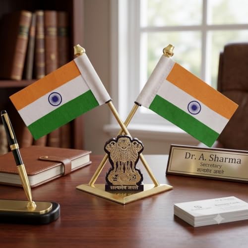 Image of Zahepa Dual-Sided Fabric Indian Tricolor Flag with Gold Plated Base for Car Dashboard, Office Desk, Home Decor & Gifting Tabletop Decoration for Home, Office & Corporate Use | Pack of 1