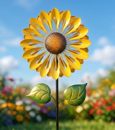 Sunflower Wind Spinners Outdoor Metal Pinwheel Wind Sculpture for Yard Decorations Windmill for Yard Garden Patio Art