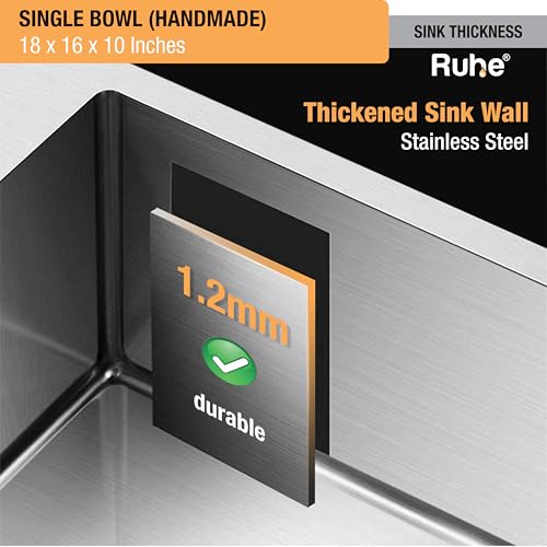 Image of Ruhe Handmade Exclusive Single Bowl 18x16 x10 inches Kitchen Sink | Premium Stainless Steel Single Bowl Kitchen Sink | with Brushed Matte Finish Including Strainer-Basket /Sink Coupling /Waste Pipe