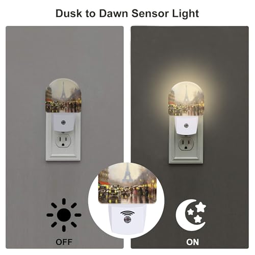 Image of Paris Eiffel Tower Oil Painting Night Light for Kids,City Street Night View Night Light Plug in with Dusk to Dawn Sensor,0.5w Energy Saving Nightlight for Hallway Stairway Kitchen Bedroom