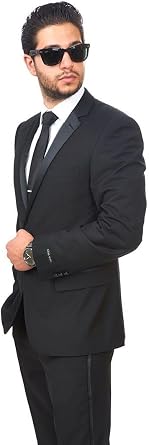 Slim Fit Men Suit Tuxedo Black 2 Button Satin Collar Flat Front Pants