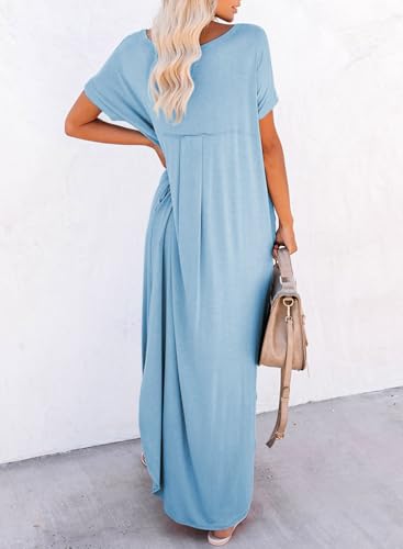 Image of Dokotoo Summer Dresses for Women 2026 Casual Maxi Dress V Neck Cap Sleeve Long Sundress with Pockets Beach Vacation