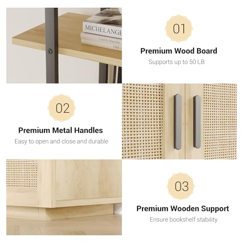 Garvee 5 Tier Tall Bookshelf with Open Display Shelves, 71 Inch Rattan Classical Book Shelf with Storage, 5 Open Storage Bookcase with Metal Frame for Living Room, Bedroom and Home Office