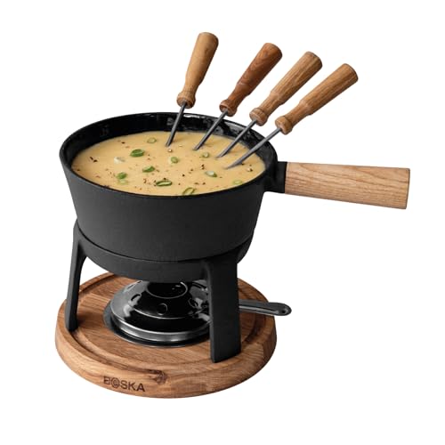 Boska Fondueset Pro - Käsefondue - Fondue set - Fondue set geeignet für Brennpaste - 4 bis 5 Personen - 1,2 L Inhalt - Ink. Fonduegabeln - Eichenholz und Edelstahl