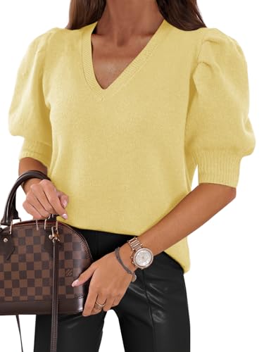 Image of Womens Puff Short Sleeve Sweater Tops 2026 Spring Summer Trendy Casual T Shirts Blouses