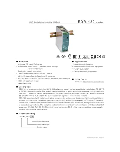 Transformateur alimentation découpage 12V 120W EDR-120-12 pour rail DIN - 3