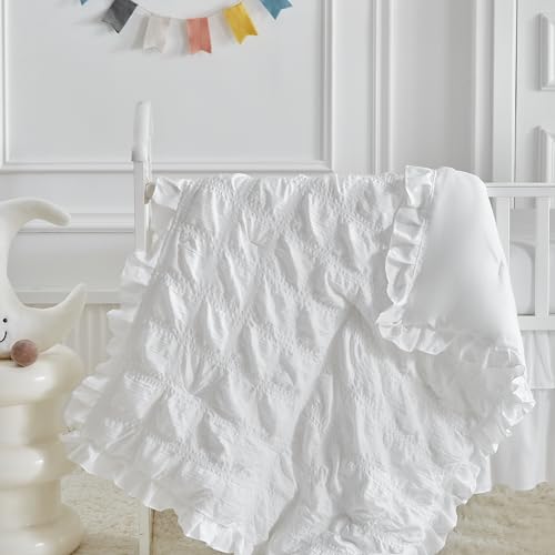 Image of Ruffled Mini Crib Bedding Set Baby Boho Quilted Comforter with Fitted Sheet and Bed Skirt - Cute Soft Breathable Seersucker Shabby Bedding Soft Blanket Only for Mini Crib White