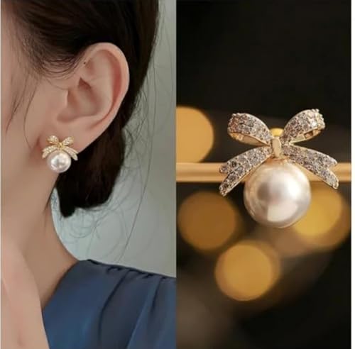 Image of TRENDY Korean Style Fashion Earrings Set, Pearl Bow and Crystal Bow Design, Women's Jewellery Accessories, 2 Pairs