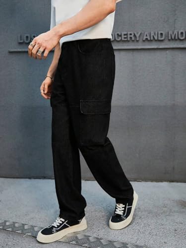 Image of KOTTY Men's Loose Fit Cargo Denim Jeans - Vintage Washed Utility Jeans with Side Pockets