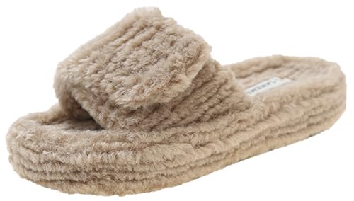 ChayChax Women’s Plush Warm Slide Fuzzy Slippers Open Toe Cozy Houses Shoes Non Slip Platform Indoor Slippers With Adjustable Hook and Loop