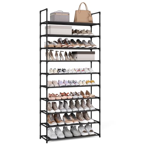 SONGMICS Shoe Rack, 10-Tier Shoe Shelf, Shoe Storage Organizer, 11 x 32.7 x 68 Inches, Metal Frame, Non-Woven Fabric Shelves, for Entryway, Bedroom, Black ULSH110BH01