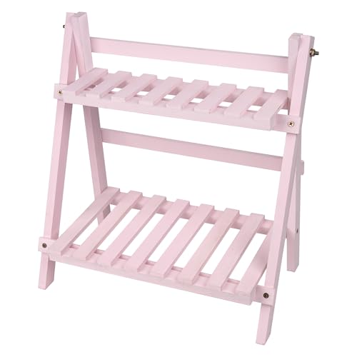 JANKOW Soporte de madera para plantas, para interiores y exteriores, 2 niveles, estantes para macetas, soporte para macetas para exhibición de plantas en patio, balcón, porche, sala de estar (rosa)