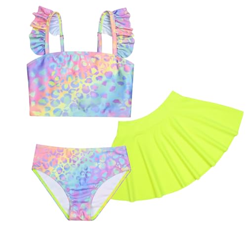 Image of CHILDRENSTAR Girls Tankini Swimsuit with Skirt 3 Pieces Bikini Bathing Suit | 3-Piece Swim Suits with Skirt For Modest Adjustable Straps Shiny Sparkle Mermaid and Tropical Print Cute Beach Swimwear