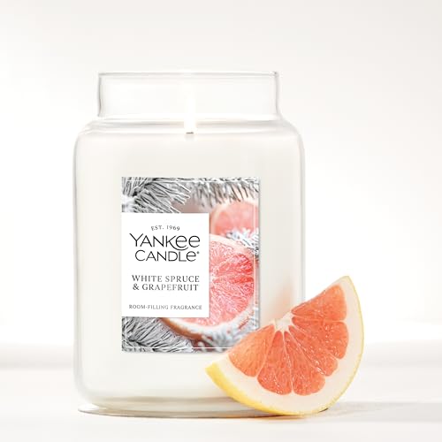 Yankee Candle Large Jar Scented Candle with up to 150 Hour Burn Time, Premium Plant Wax Blend for Consistent Burn, 22 oz Jar Candle with Room Filling Fragrance, White Spruce & Grapefruit